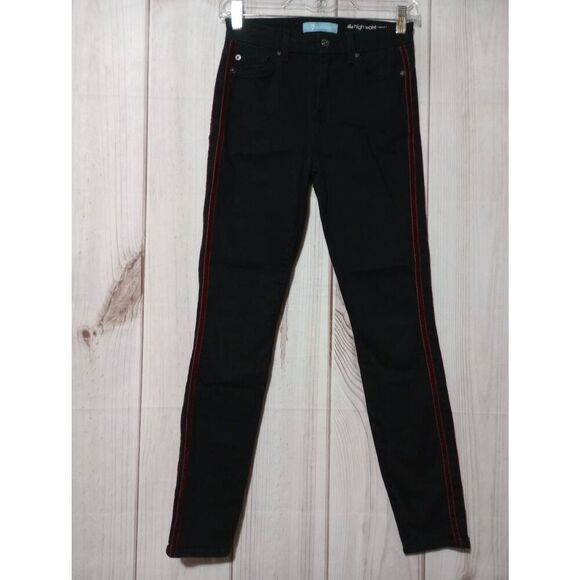 7 For All ManKind Pants Ladies 25 Black Chino High Waist Skinny Ankle Red Stripe - Picture 1 of 9